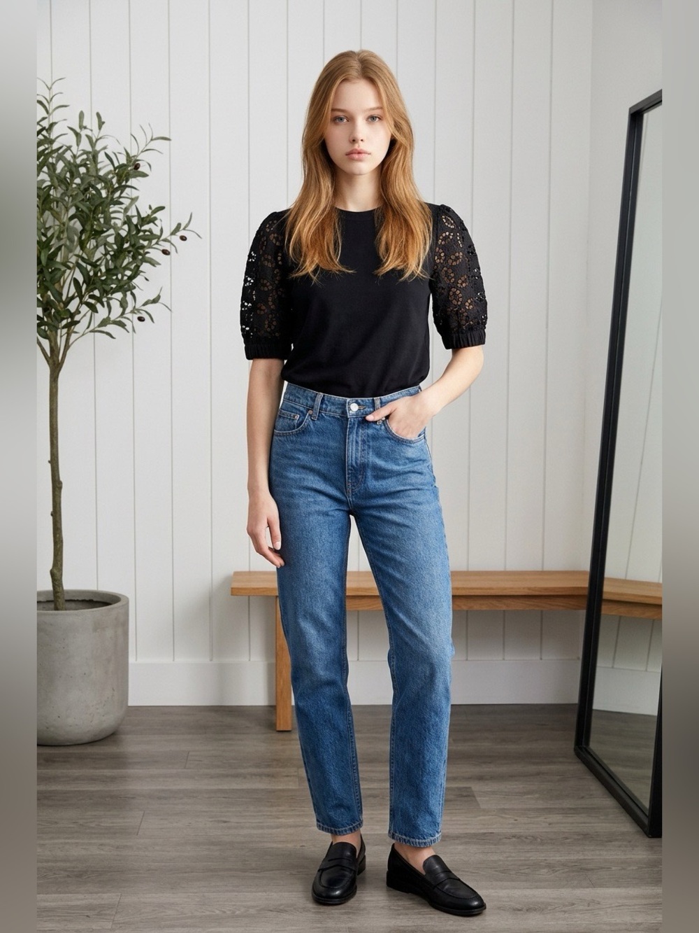 Sandro Black Lace Puff-Sleeve Short Sleeve Tee